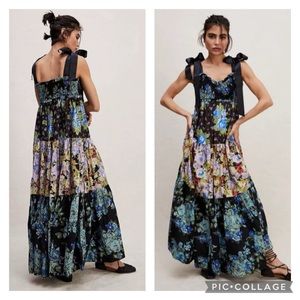 Free People Bluebell Maxi Dress Ribbon Straps Floral Cool Combo Small
